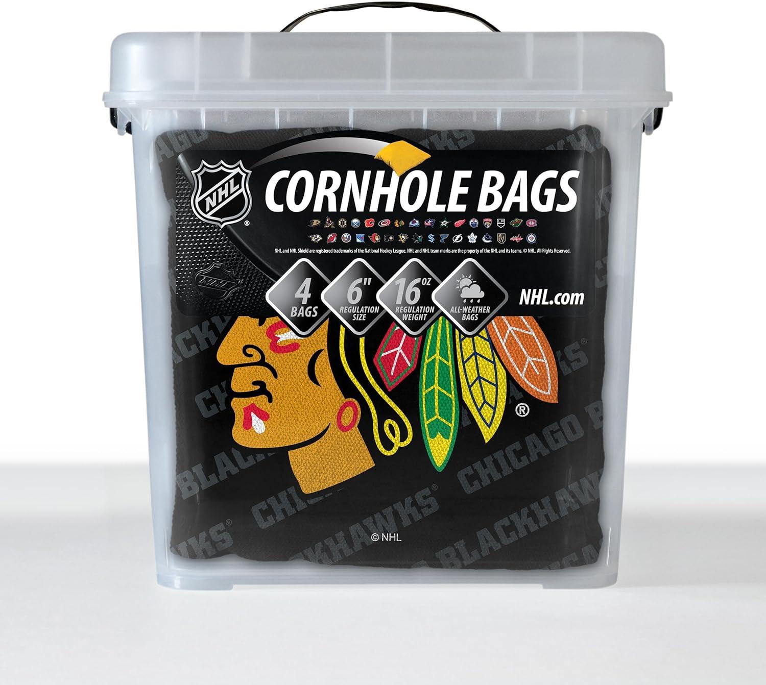imageYouTheFan OfficiallyLicensed NHL Set of 4 Cornhole Bags All Weather Regulation 6 x 6 Size 16oz Weight Designed in USAChicago Blackhawks Black