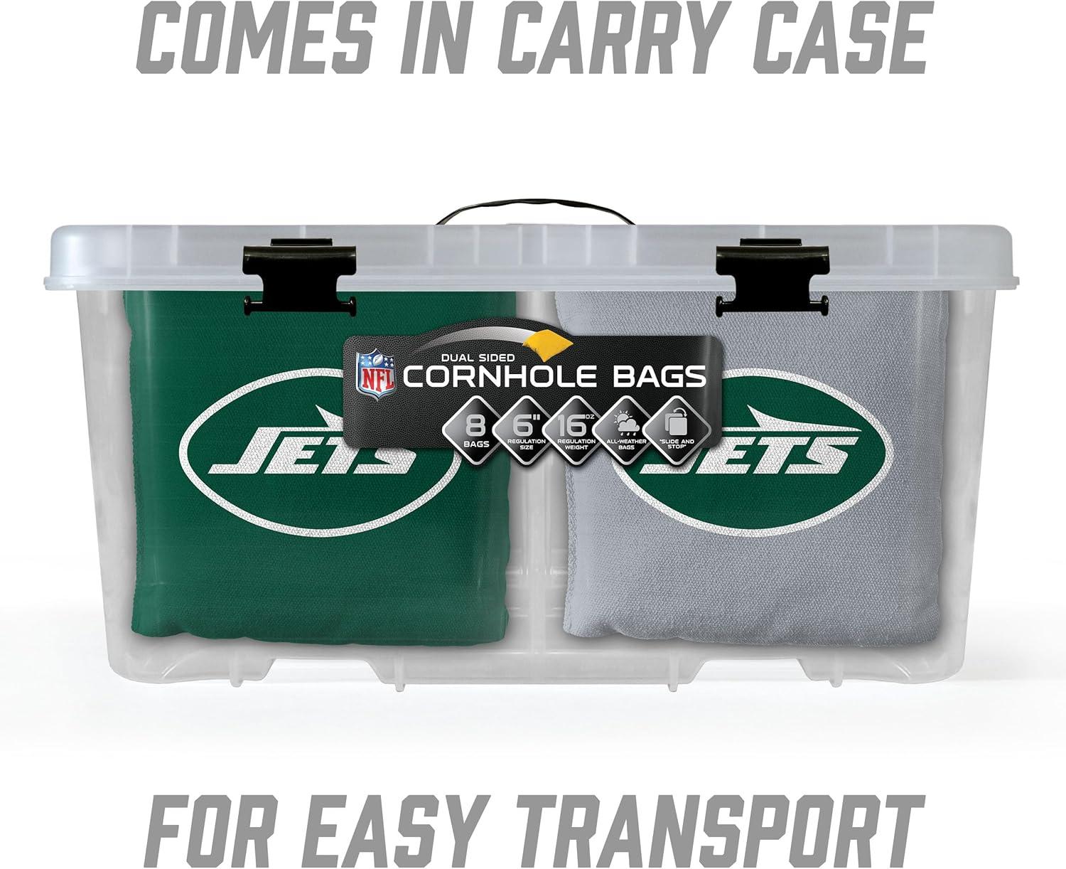 imageYouTheFan Officiallylicensed NFL Set of 8 Cornhole Bags All Weather Dual Sided Slide ampamp Stop regulation sizeNew York Jets