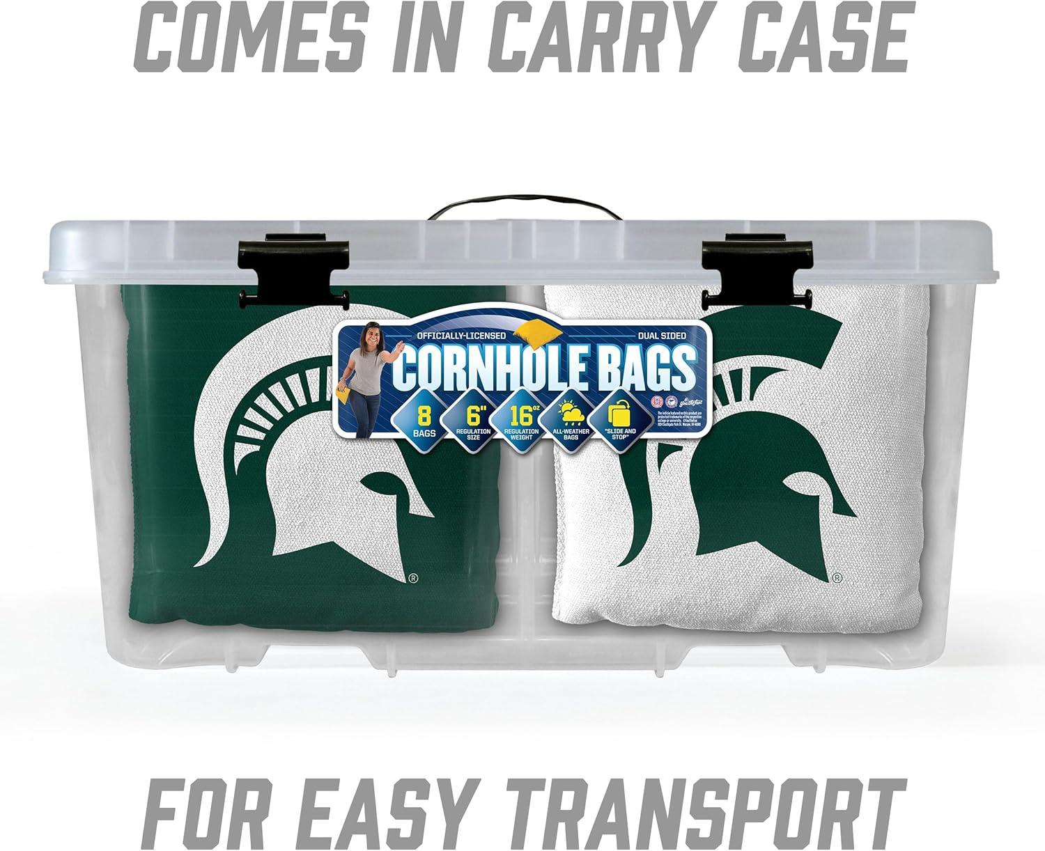 imageYouTheFan OfficiallyLicensed NCAA Set of 8 Cornhole Bags All Weather Dual Sided Slide ampamp Stop Regulation Size with Carry caseMichigan State Spartans