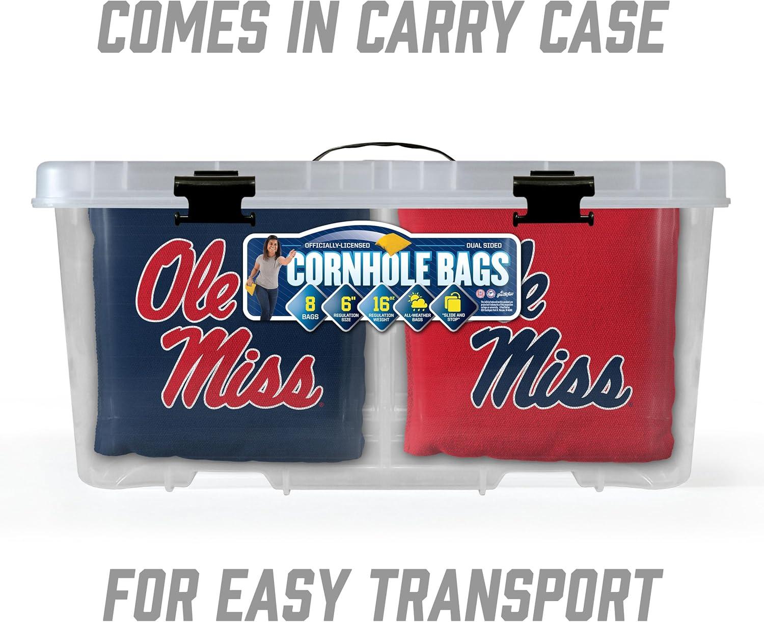 imageYouTheFan OfficiallyLicensed NCAA Set of 8 Cornhole Bags All Weather Dual Sided Slide ampamp Stop Regulation Size with Carry caseMississippi Rebels