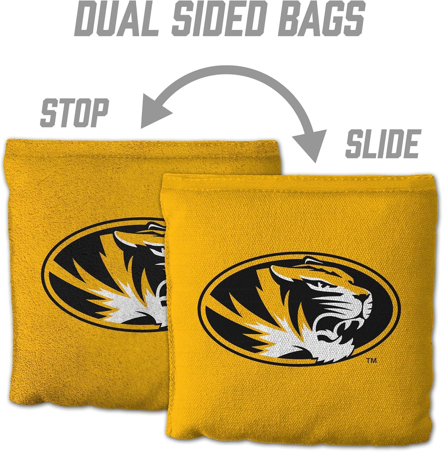 imageYouTheFan OfficiallyLicensed NCAA Set of 8 Cornhole Bags All Weather Dual Sided Slide ampamp Stop Regulation Size with Carry caseMissouri Tigers