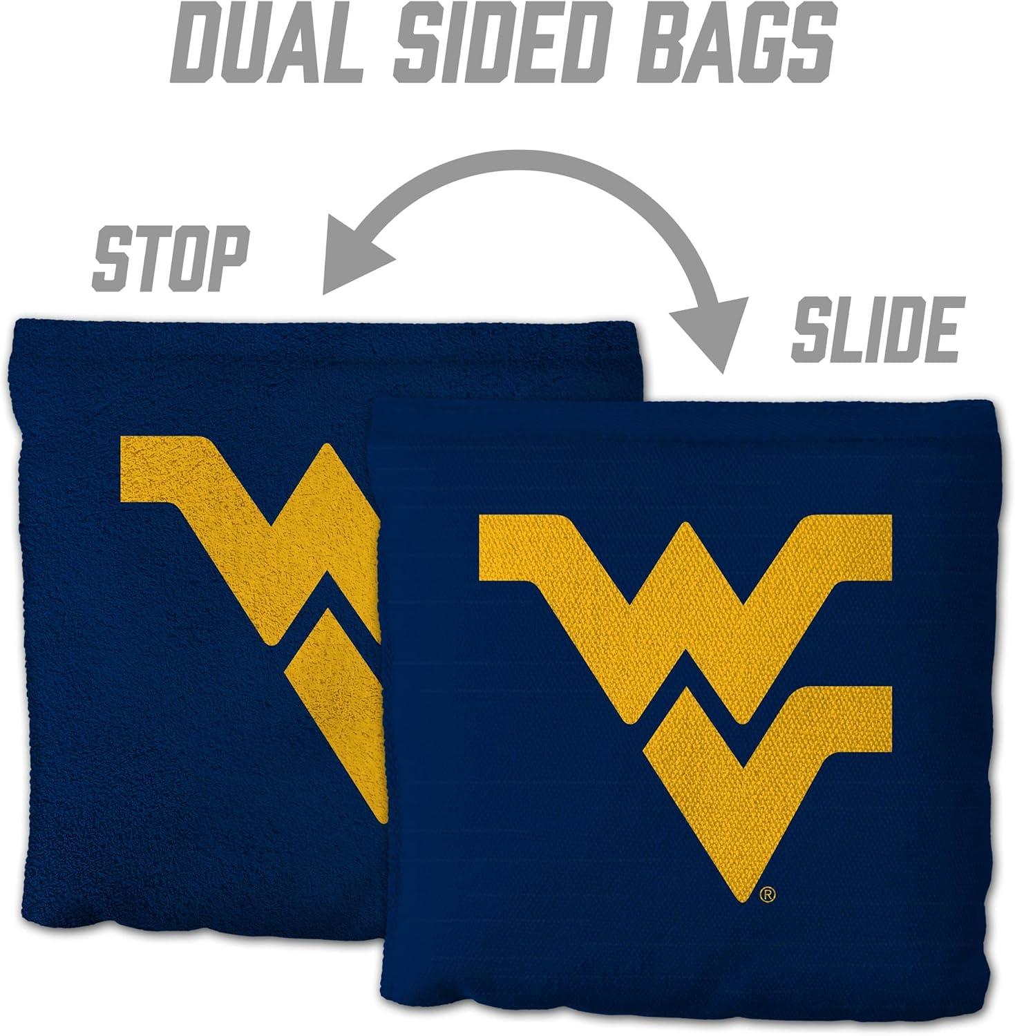 imageYouTheFan OfficiallyLicensed NCAA Set of 8 Cornhole Bags All Weather Dual Sided Slide ampamp Stop Regulation Size with Carry caseWest Virginia Mountaineers