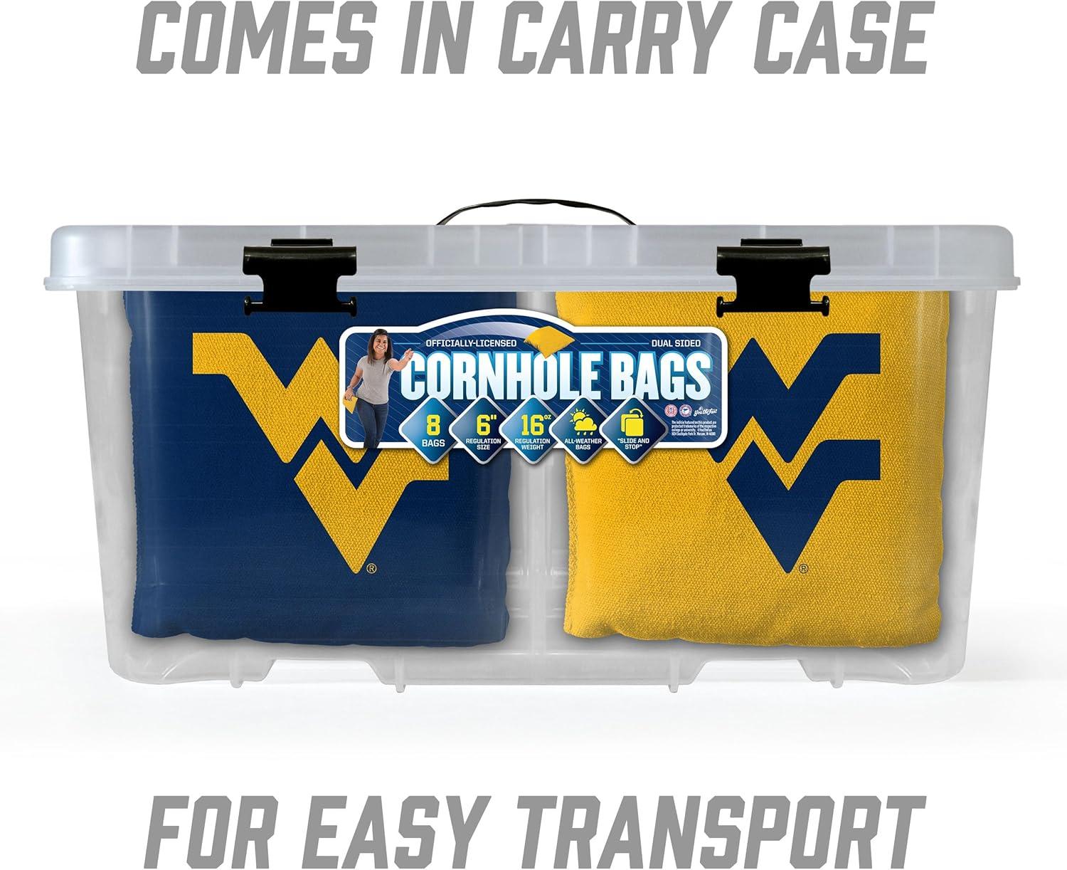 imageYouTheFan OfficiallyLicensed NCAA Set of 8 Cornhole Bags All Weather Dual Sided Slide ampamp Stop Regulation Size with Carry caseWest Virginia Mountaineers