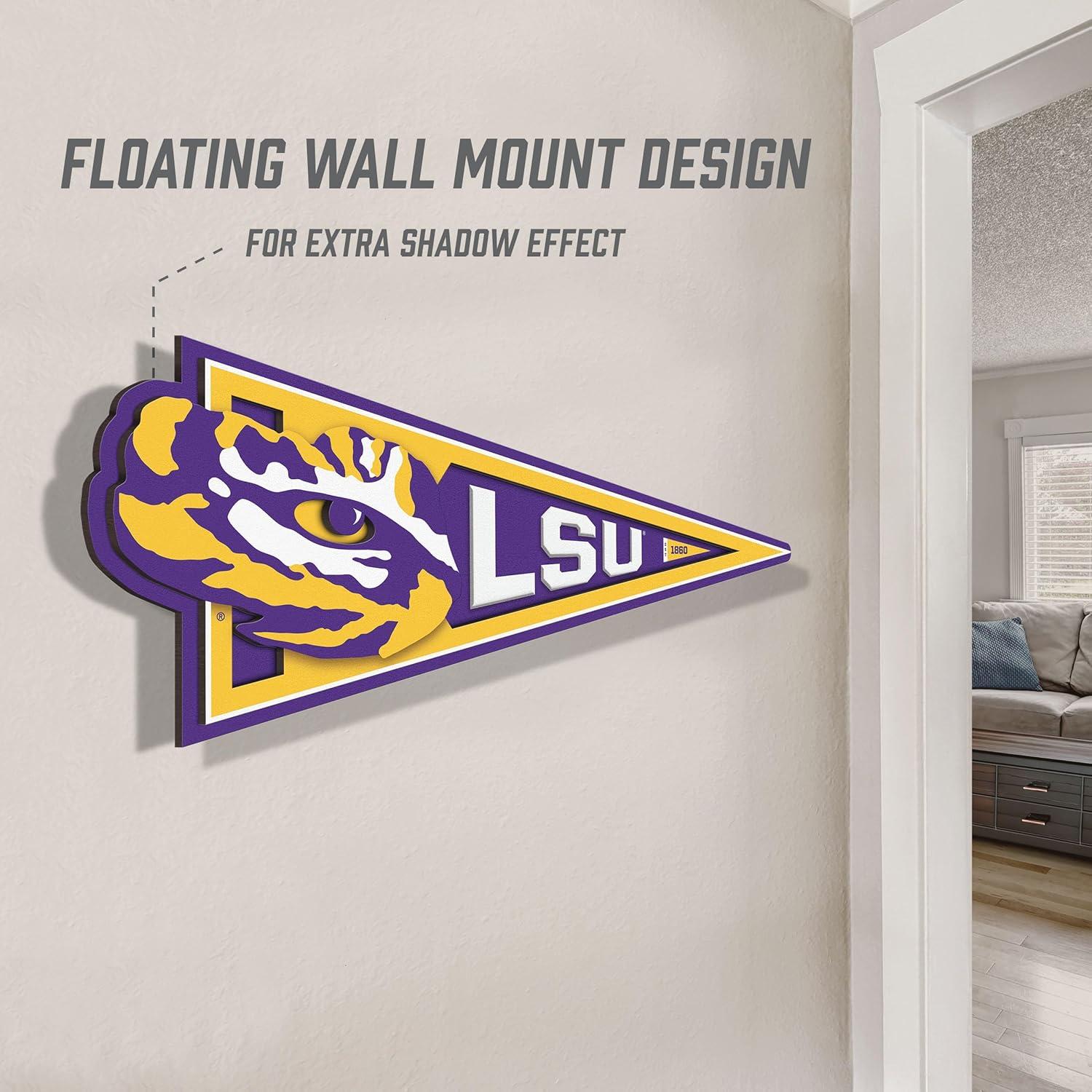 image:imageYouTheFan NCAA 3D Wall Pennant precisioncrafted unique shape made of multiple layers readytohang officially licensed and stylish addition for ultimate team fanLSU Tigers