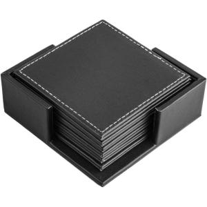 sous-Verre, Lot de 6 sous-Verres en Cuir Isolant avec Boîte de Rangement Décor pour Table Bureau Maison – Carré Noir