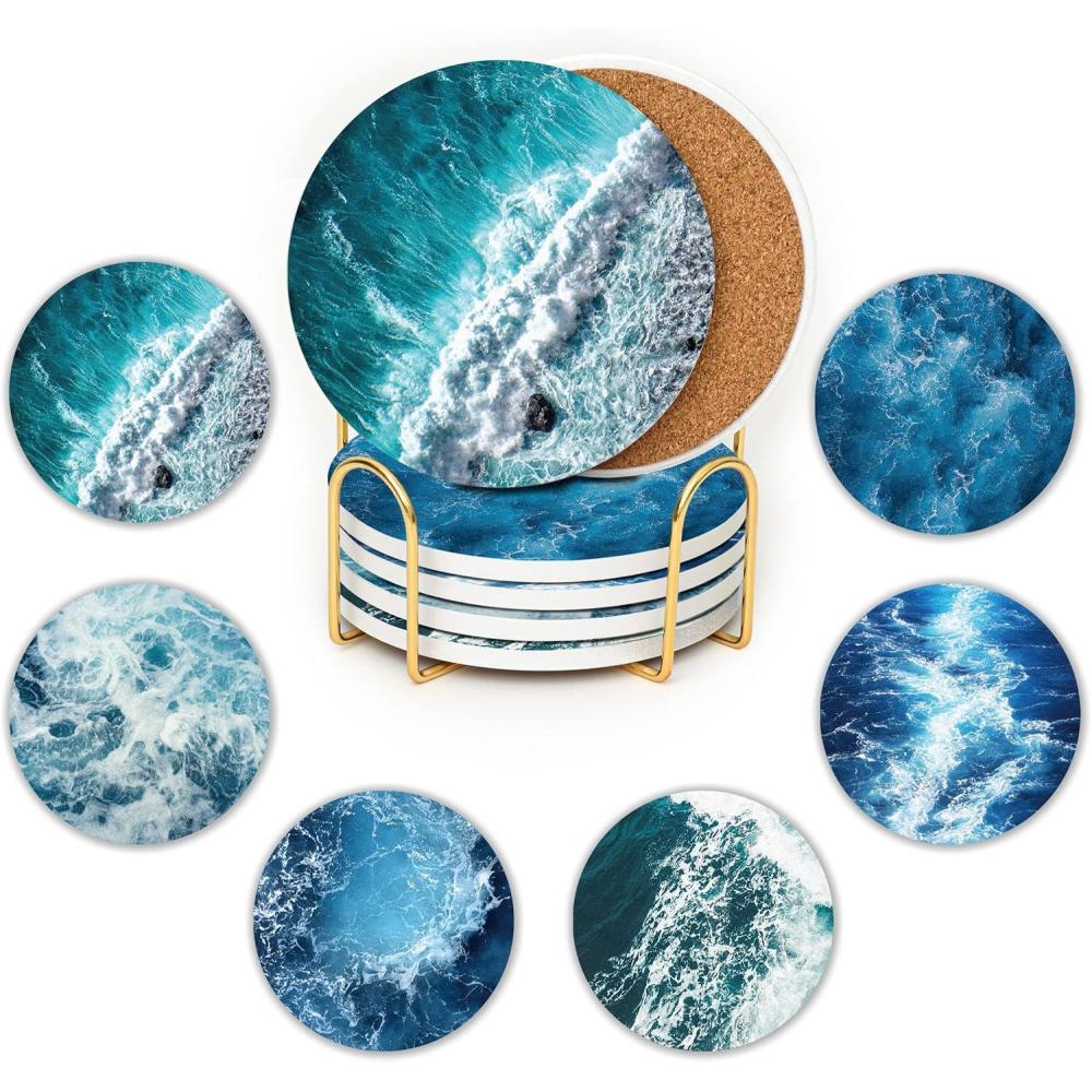 imageLot de 6 Dessous de Verre en cramique Dessous de Verre absorbants avec Support Dessous de Verre Base de lige Dessous de Verre AntiRayures et antidrapants pour Pendaison deOcan