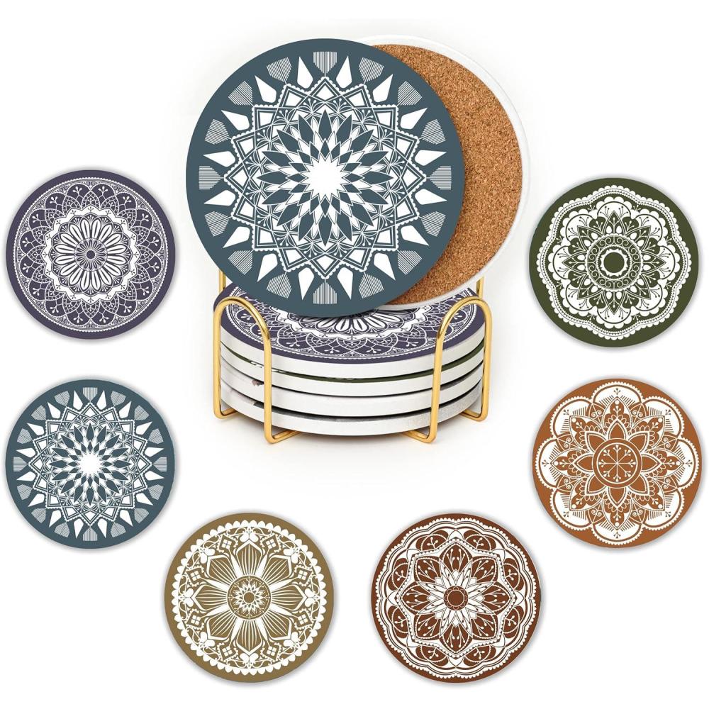 imageLot de 6 Dessous de Verre en cramique Dessous de Verre absorbants avec Support Dessous de Verre Base de lige Dessous de Verre AntiRayures et antidrapants pour Pendaison deMandala