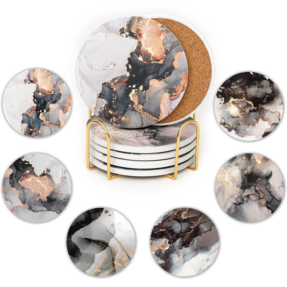 imageLot de 6 Dessous de Verre en cramique Dessous de Verre absorbants avec Support Dessous de Verre Base de lige Dessous de Verre AntiRayures et antidrapants pour Pendaison deMarbre Noir