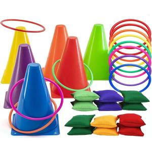 31PCS Sac de Lancer de Cônes avec Anneaux pour Jeux de Lancer, Jeux Exterieur Enfant Kit Jeux Anniversaire Fête, Toss Jeu de Jeux pour Enfants, 18cm Ensemble de Seaux, Sacs de Haricots(Couleur pure)