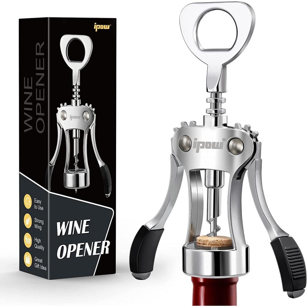 imageIPOW OuvreBouteillesTireBouchonDcapsuleur Ailettes Dboucher Bouteille de BireVin Rouge avec Deux leviers AntidrapantesArgent avec Coffret