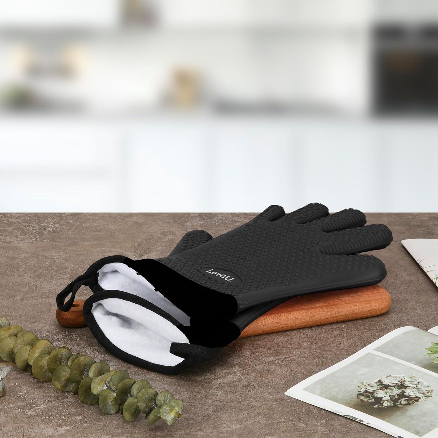 imageGants de Cuisine Silicone et Coton Double Couche Gants de BBQ rsistants la ChaleurGants de CuissonGants de FourPortecasseroles de Cuisson 1 PaireNoir Allong