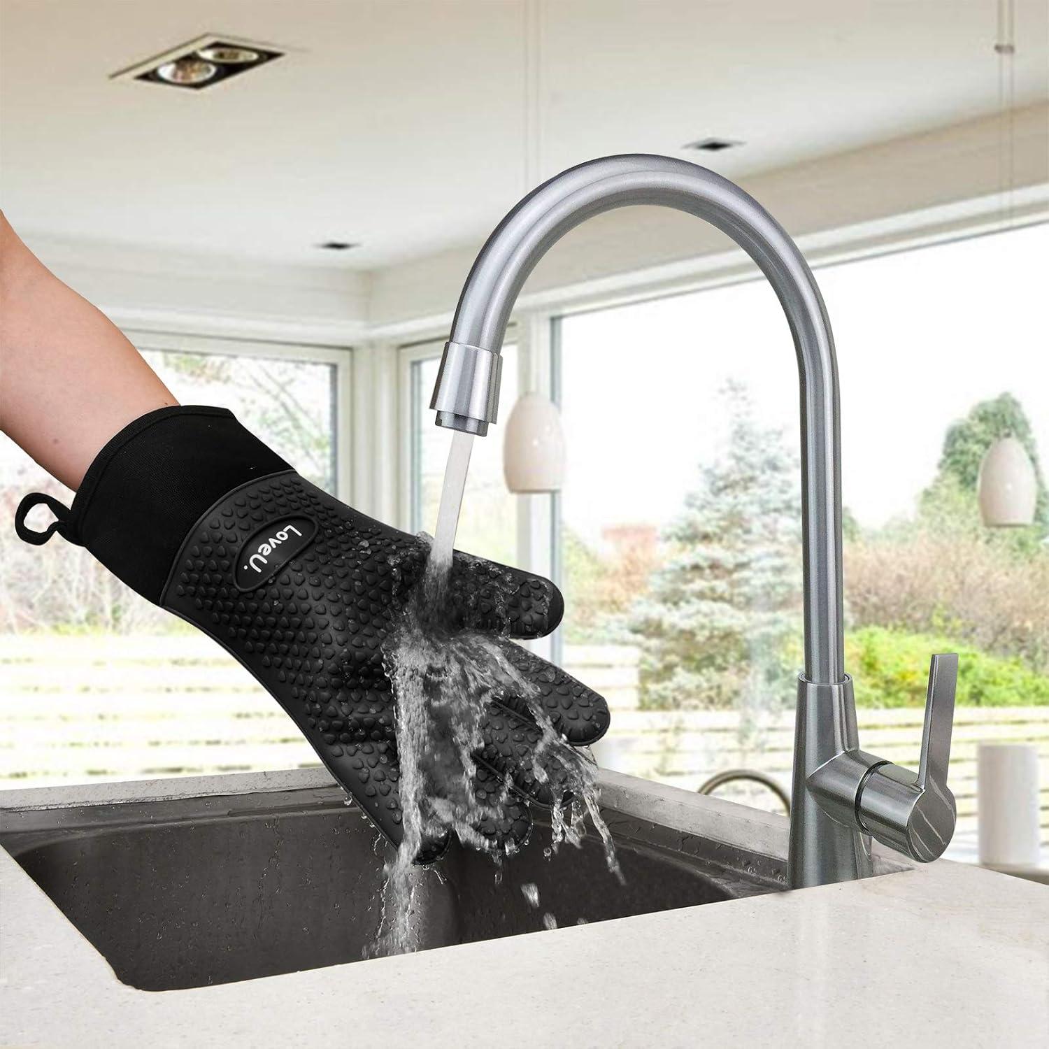 imageGants de Cuisine Silicone et Coton Double Couche Gants de BBQ rsistants la ChaleurGants de CuissonGants de FourPortecasseroles de Cuisson 1 PaireNoir Allong