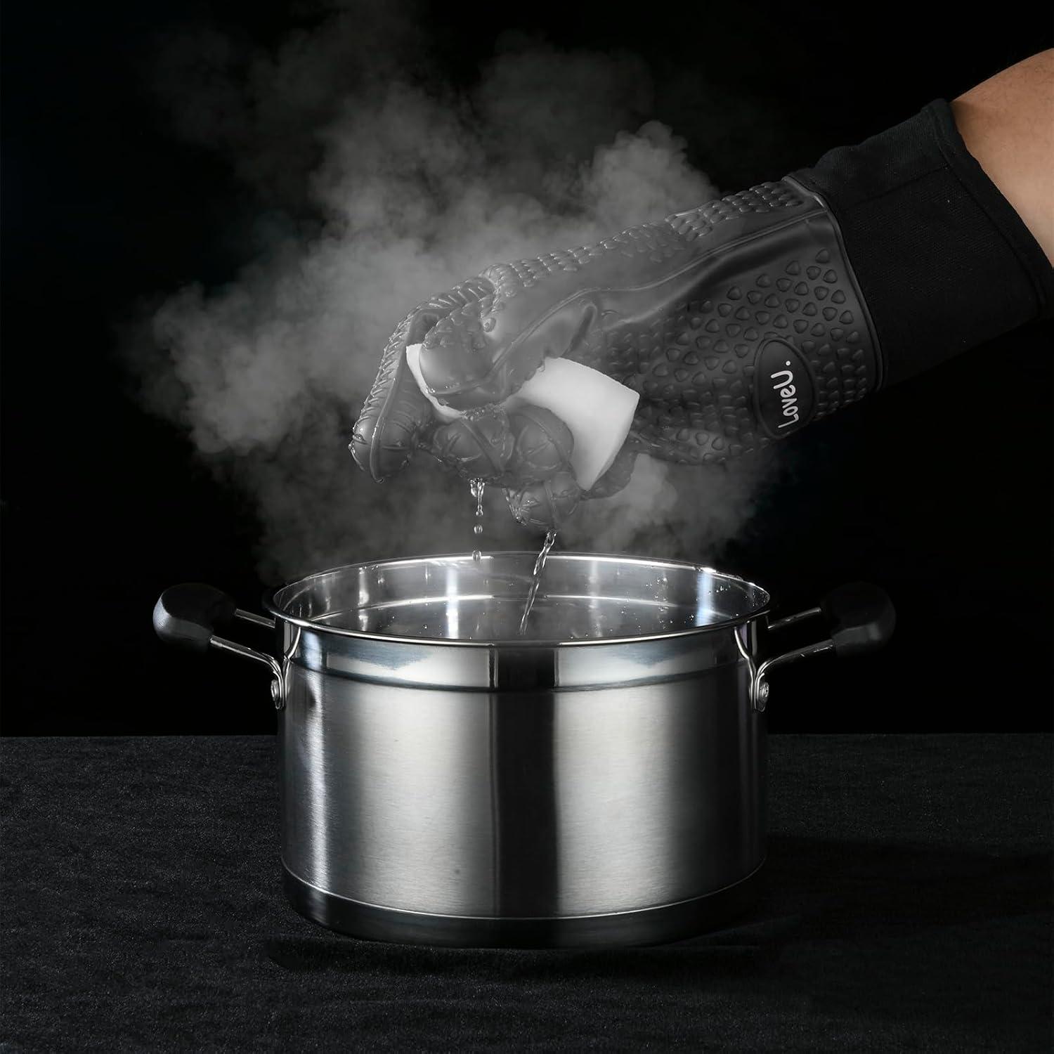 imageGants de Cuisine Silicone et Coton Double Couche Gants de BBQ rsistants la ChaleurGants de CuissonGants de FourPortecasseroles de Cuisson 1 PaireNoir Allong