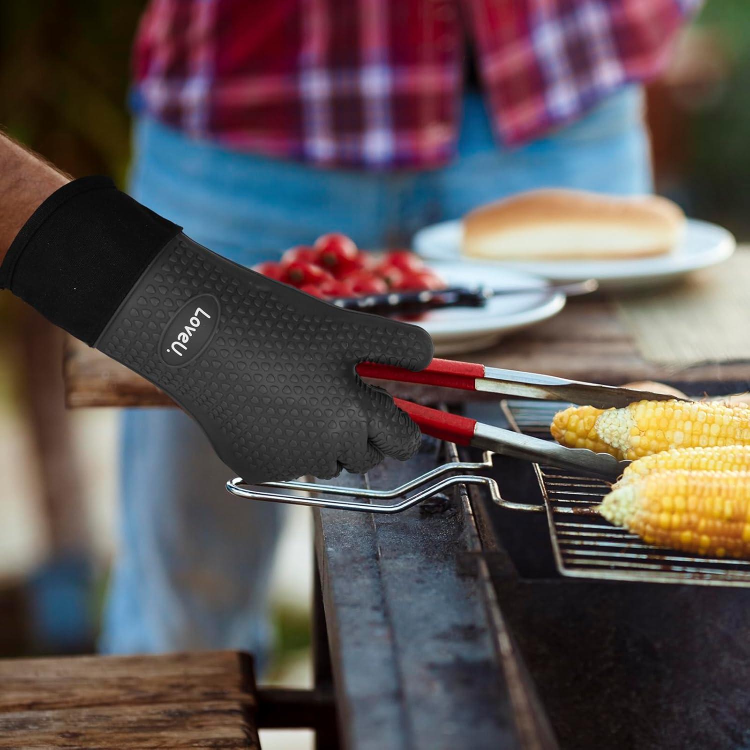 imageGants de Cuisine Silicone et Coton Double Couche Gants de BBQ rsistants la ChaleurGants de CuissonGants de FourPortecasseroles de Cuisson 1 PaireNoir Allong