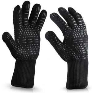 Gant Barbecue (1 Paire), Gant résistant à la Chaleur jusqu&rsquo;à 800 °C, antidérapant et Isolant, ustensiles Barbecue adaptés au Barbecue, au Four, au BBQ et à la Cuisine – Noire