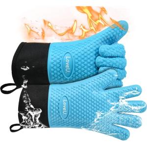 Gants de Cuisine Silicone et Coton Double Couche Gants de BBQ résistants à la Chaleur/Gants de Cuisson/Gants de Four/Porte-casseroles de Cuisson, 1 Paire(Bleu  Allongé)
