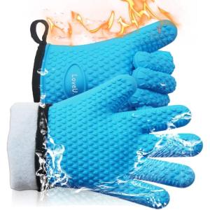 Gants de Cuisine Silicone et Coton Double Couche Gants de BBQ résistants à la Chaleur/Gants de Cuisson/Gants de Four/Porte-casseroles de Cuisson, 1 Paire(Bleu)