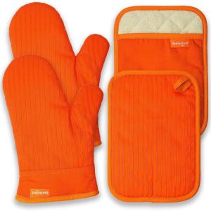 Gants de Four, Maniques Cuisine et Gant Cuisine Set, Gants de Cuisine Résistants à la Chaleur et Antidérapants, Gants de Cuisine Lot de 4 Adaptés pour la Cuisine, Les Grillades, Noir(Gants Orange Quatre Pièces)