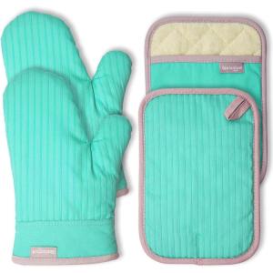 Gants de Four, Maniques Cuisine et Gant Cuisine Set, Gants de Cuisine Résistants à la Chaleur et Antidérapants, Gants de Cuisine Lot de 4 Adaptés pour la Cuisine, Les Grillades, Noir(Gants Verts Quatre Pièces)