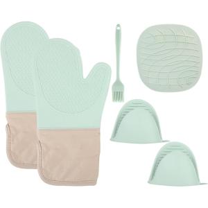 Set de 6 Gants de Four en Silicone Vert Menthe – Maniques Cuisine Résistantes à la Chaleur – Gants Anti-Brûlure pour Cuisson, Pâtisserie et Grillade, Idéaux pour Cuisine Pratique et Stylée