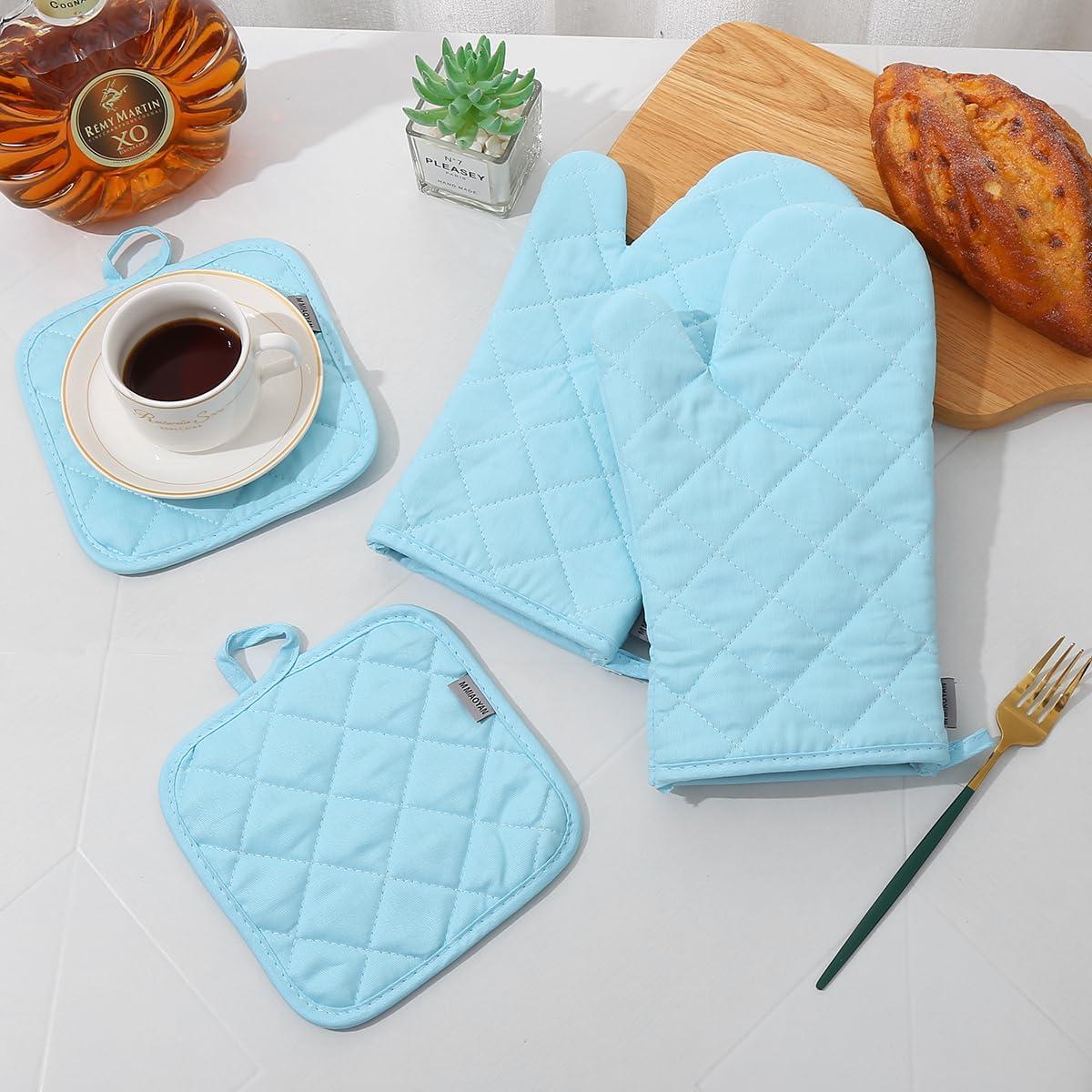 imageEnsemble de 4 maniques et portepots haute rsistance la chaleur 260 C extra pais longs gants de cuisine en coton pour la cuisson 30 cm grisCoton Bleu Clair