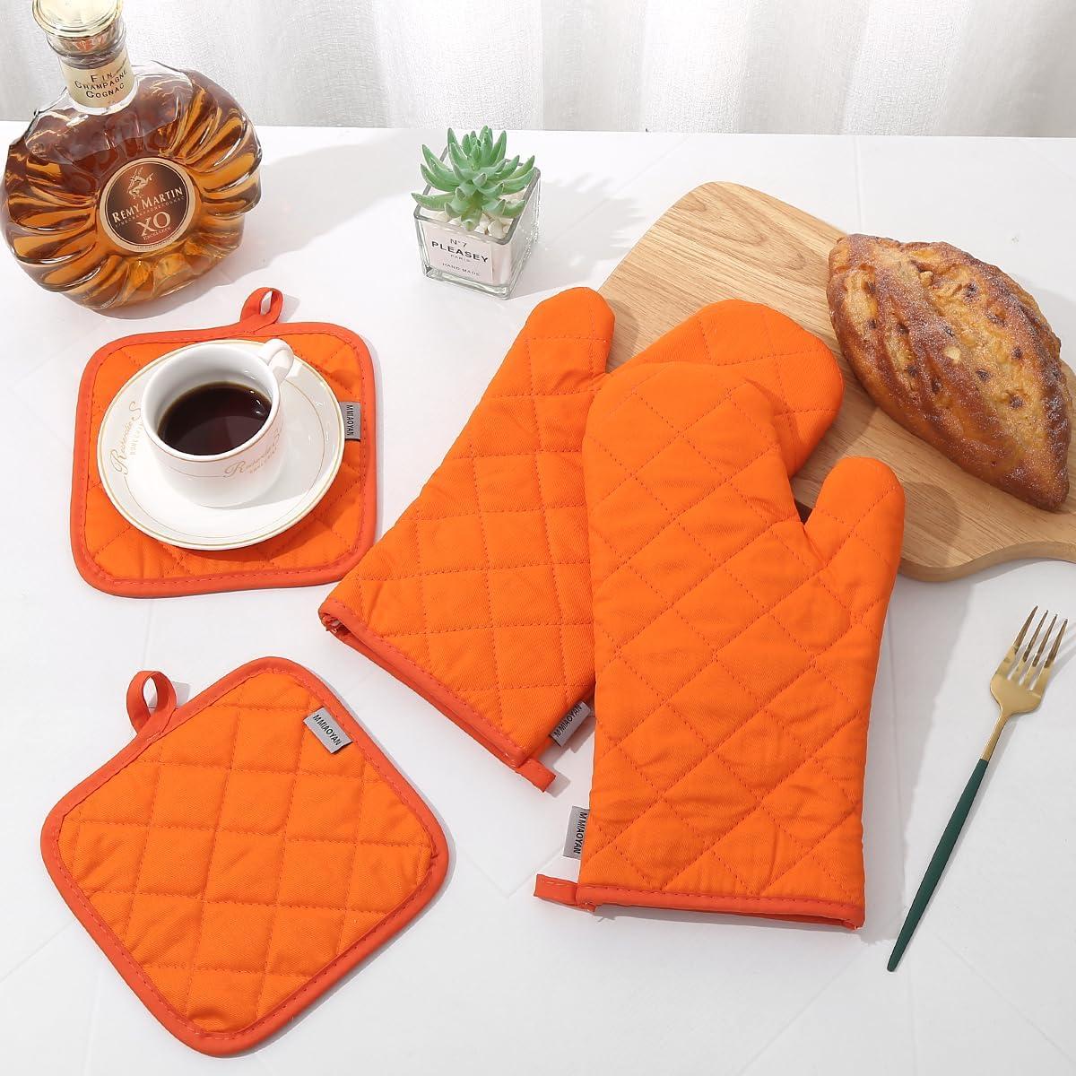imageEnsemble de 4 maniques et portepots haute rsistance la chaleur 260 C extra pais longs gants de cuisine en coton pour la cuisson 30 cm grisCoton Orange