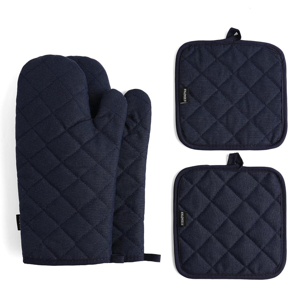 imageEnsemble de 4 maniques et portepots haute rsistance la chaleur 260 C extra pais longs gants de cuisine en coton pour la cuisson 30 cm grisBleu