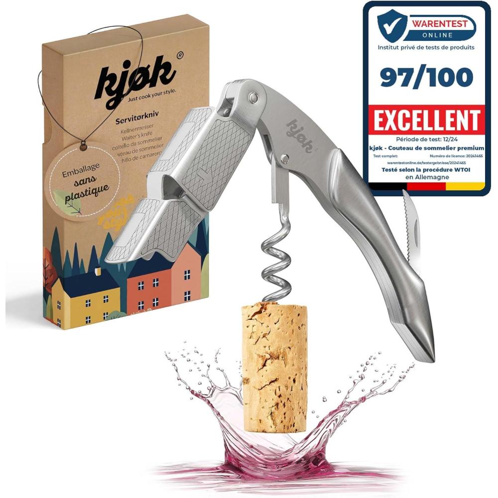 imagekjk Premium Couteau de sommelier en acier inoxydable bross avec manche en bois et coupecapsule lgant outil de serveur avec tirebouchon ouvrebouteille ouvreur de vinAcier Inoxydable