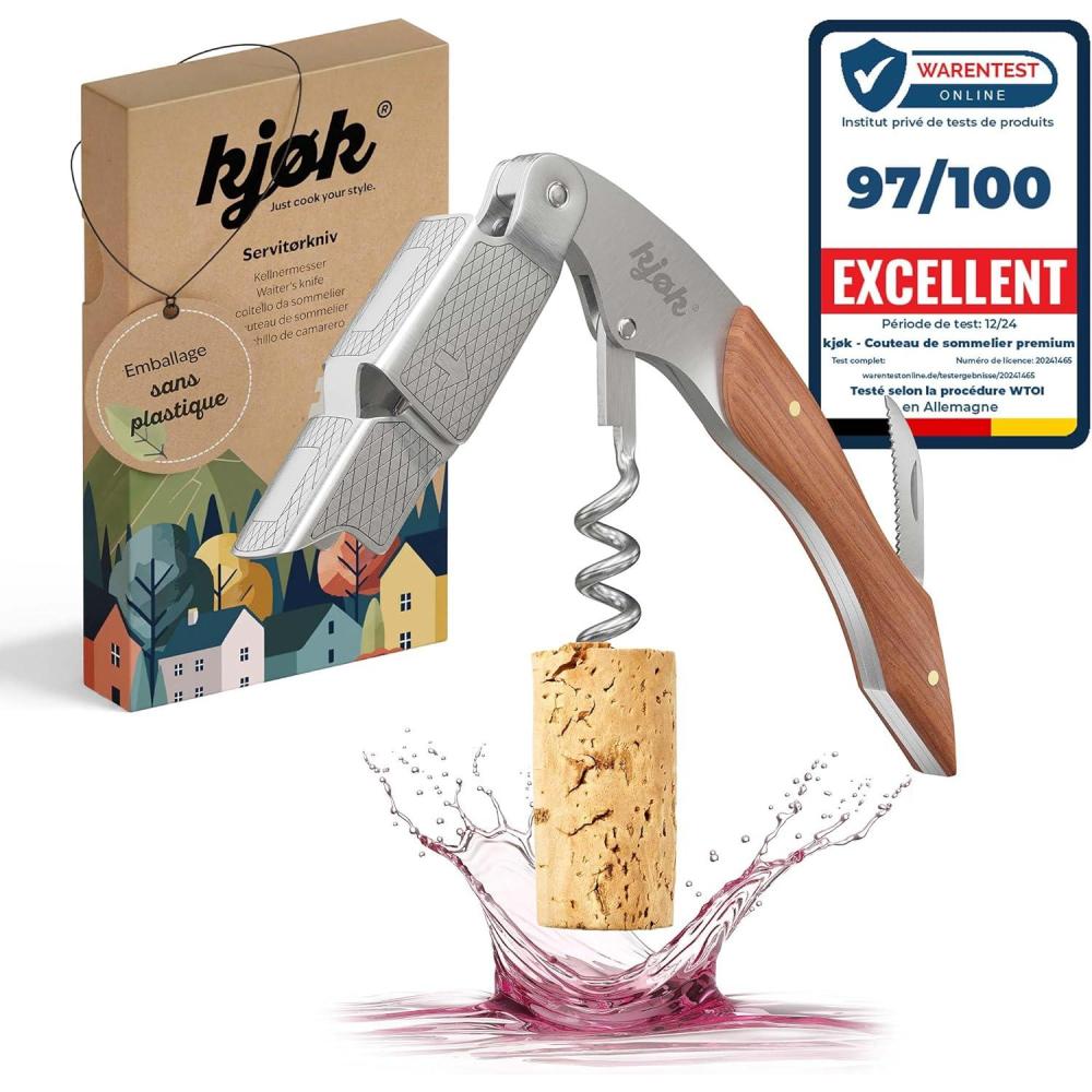 imagekjk Premium Couteau de sommelier en acier inoxydable bross avec manche en bois et coupecapsule lgant outil de serveur avec tirebouchon ouvrebouteille ouvreur de vinAcier Inoxydable Bois