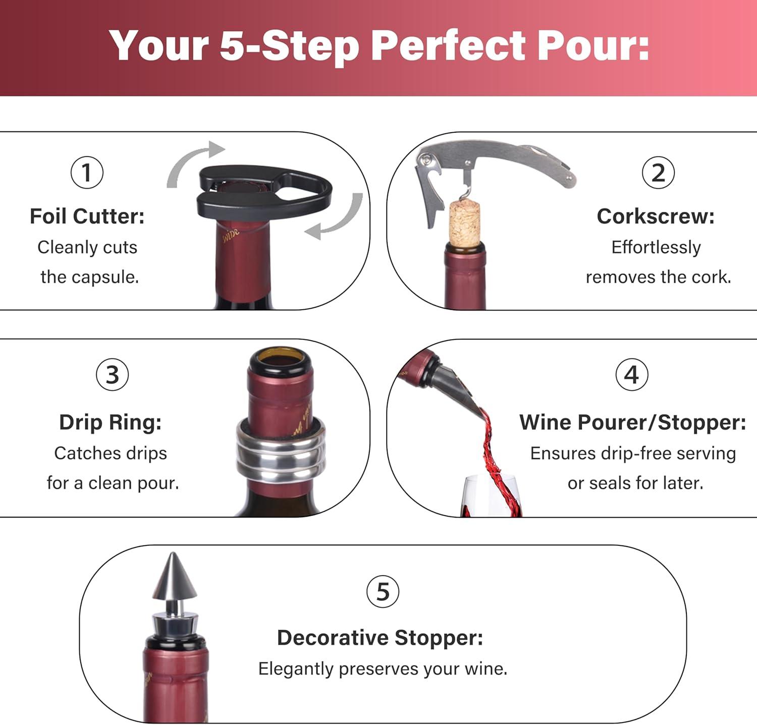 imageKato Wine Accessories Gift Set Kit ouvreBouteille de vin TireBouchon Anneau AntiGoutte CoupeCapsule verseur et Bouchon de vin Cadeau de la SaintValentin pour Les Amateurs de vin NoirSet Daccessoires pour le Vin 5 Pices Rouge