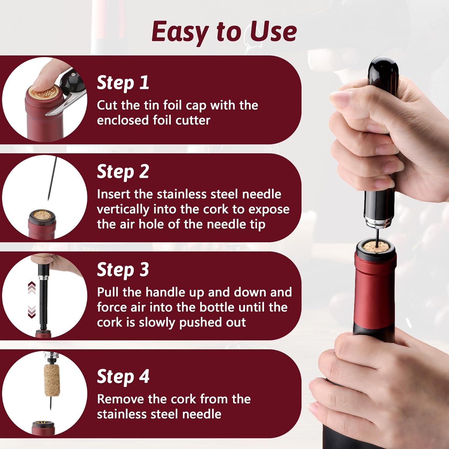 imageTireBouchon Pompe Air 2en1 avec CoupeCapsule OuvreBouteille Pression dair pour Bouteilles de Vin pour Maison Restaurant Fte Cadeaux pour les Amateurs de VinNoir