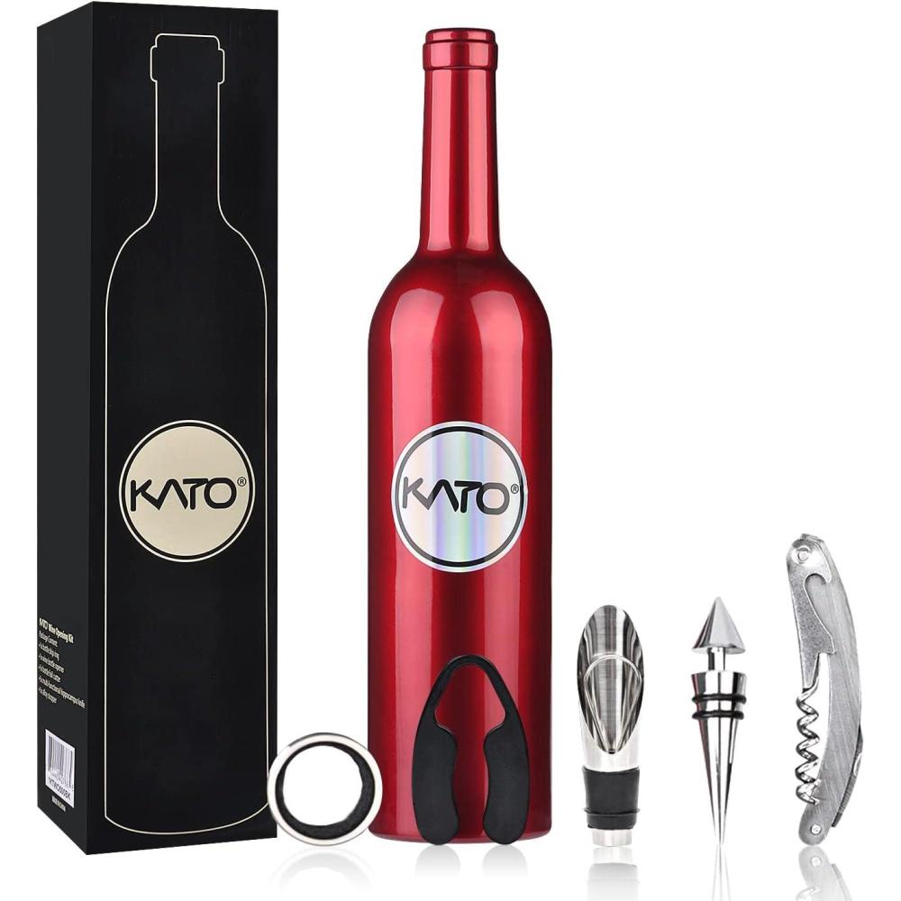 imageKato Wine Accessories Gift Set Kit ouvreBouteille de vin TireBouchon Anneau AntiGoutte CoupeCapsule verseur et Bouchon de vin Cadeau de la SaintValentin pour Les Amateurs de vin NoirSet Daccessoires pour le Vin 5 Pices Rouge