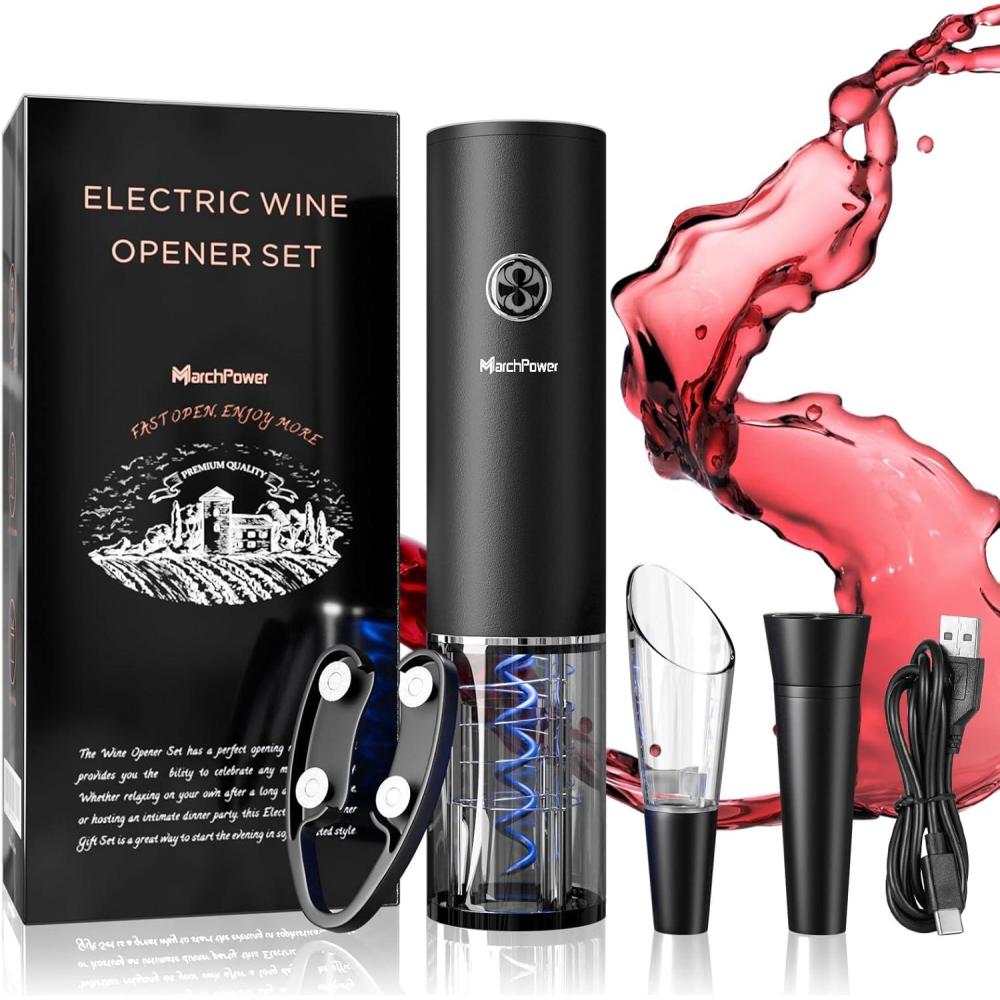 imageMarchpower Tire Bouchon Electrique Rechargeable Ouvre Bouteille Electrique 5 en 1 Coffret Tire Bouchon avec CoupeCapsule Verseur de Vin et Bouchon Vin Sous Vide pour Cadeau Homme Anniversaire Noel