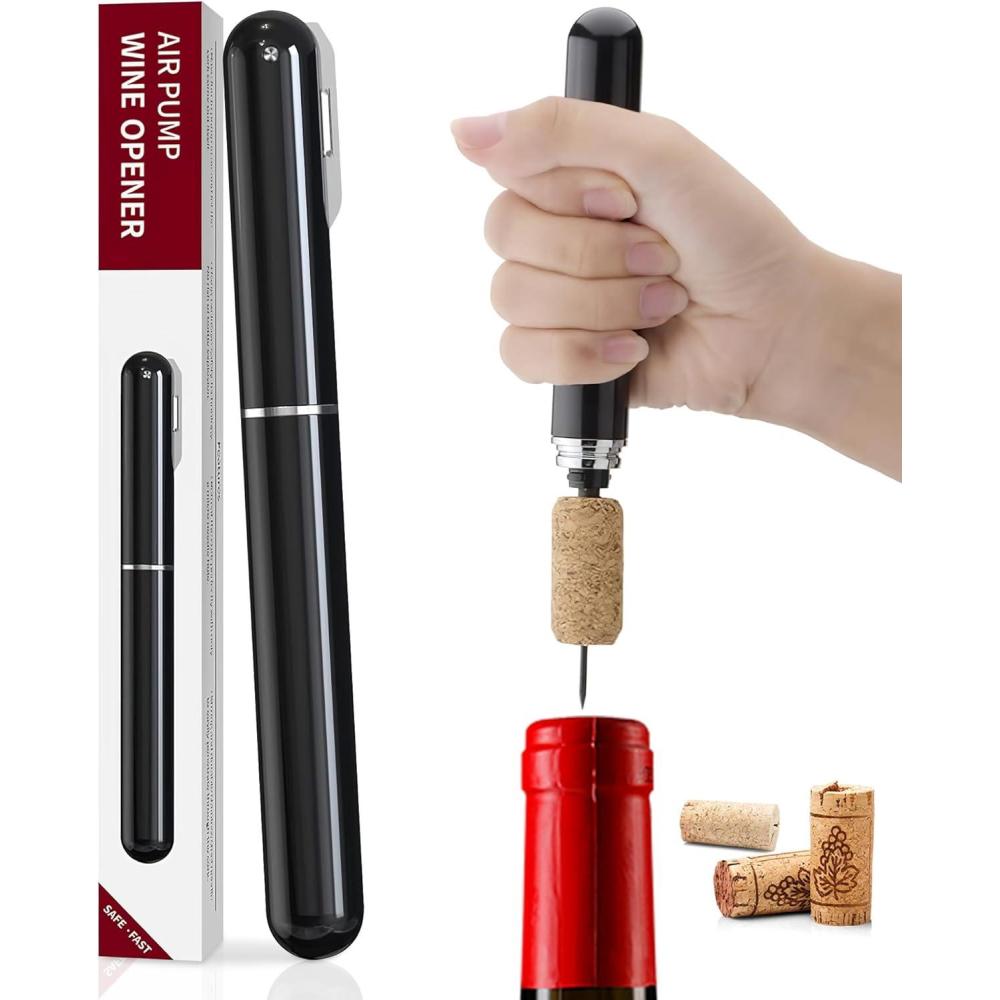 imageTireBouchon Pompe Air 2en1 avec CoupeCapsule OuvreBouteille Pression dair pour Bouteilles de Vin pour Maison Restaurant Fte Cadeaux pour les Amateurs de VinNoir