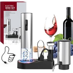 CIRCLE JOY Tire-Bouchon Électrique, Ouvre-Bouteille Automatique, Tire-Bouchon Motorisé Alimenté Par Piles Avec Coupe-Feuille Verrouillable, Piles Non Incluses(Ensemble Rechargeable 6 en 1)