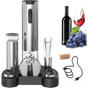 CIRCLE JOY Tire-Bouchon Électrique, Ouvre-Bouteille Automatique, Tire-Bouchon Motorisé Alimenté Par Piles Avec Coupe-Feuille Verrouillable, Piles Non Incluses(Set À Vin 7 en 1 avec Station de Charge – Argent)
