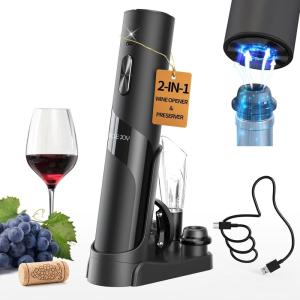 CIRCLE JOY Tire-Bouchon Électrique, Ouvre-Bouteille Automatique, Tire-Bouchon Motorisé Alimenté Par Piles Avec Coupe-Feuille Verrouillable, Piles Non Incluses(Set À Vin 7 en 1 – Noir)