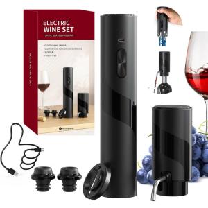 CIRCLE JOY Tire-Bouchon Électrique, Ouvre-Bouteille Automatique, Tire-Bouchon Motorisé Alimenté Par Piles Avec Coupe-Feuille Verrouillable, Piles Non Incluses(Set À Vin avec Aérateur de Vin)