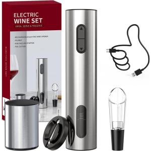 CIRCLE JOY Tire-Bouchon Électrique, Ouvre-Bouteille Automatique, Tire-Bouchon Motorisé Alimenté Par Piles Avec Coupe-Feuille Verrouillable, Piles Non Incluses(Set À Vin 4-in-1 – Argent)