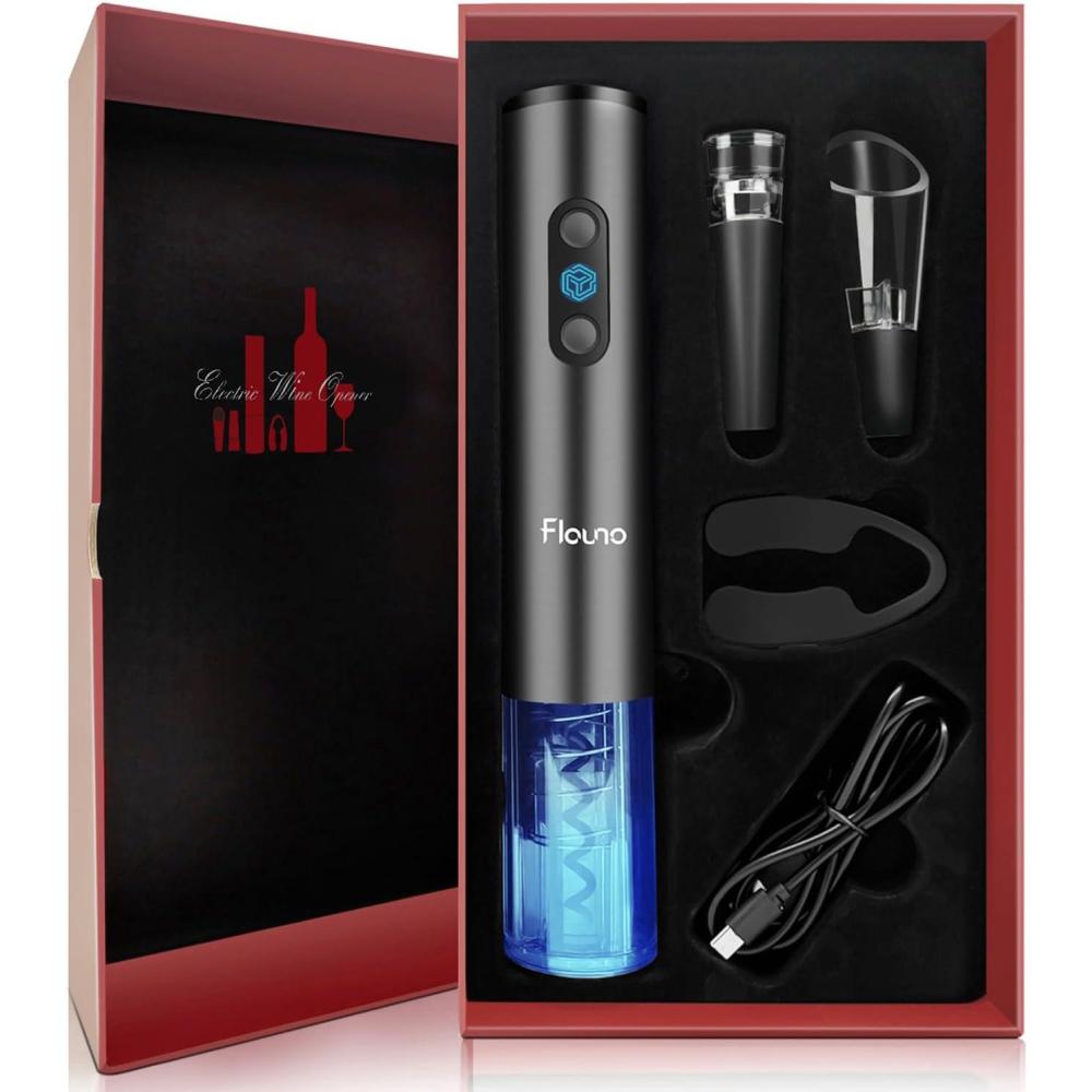 imageFlauno Tire Bouchon lectrique Rechargeable 6 en 1 Ouvre Bouteille lectrique Set avec CoupeCapsule Verseur Arateur de Vin Bouchon Vin Cable USB Coffret CadeauGris