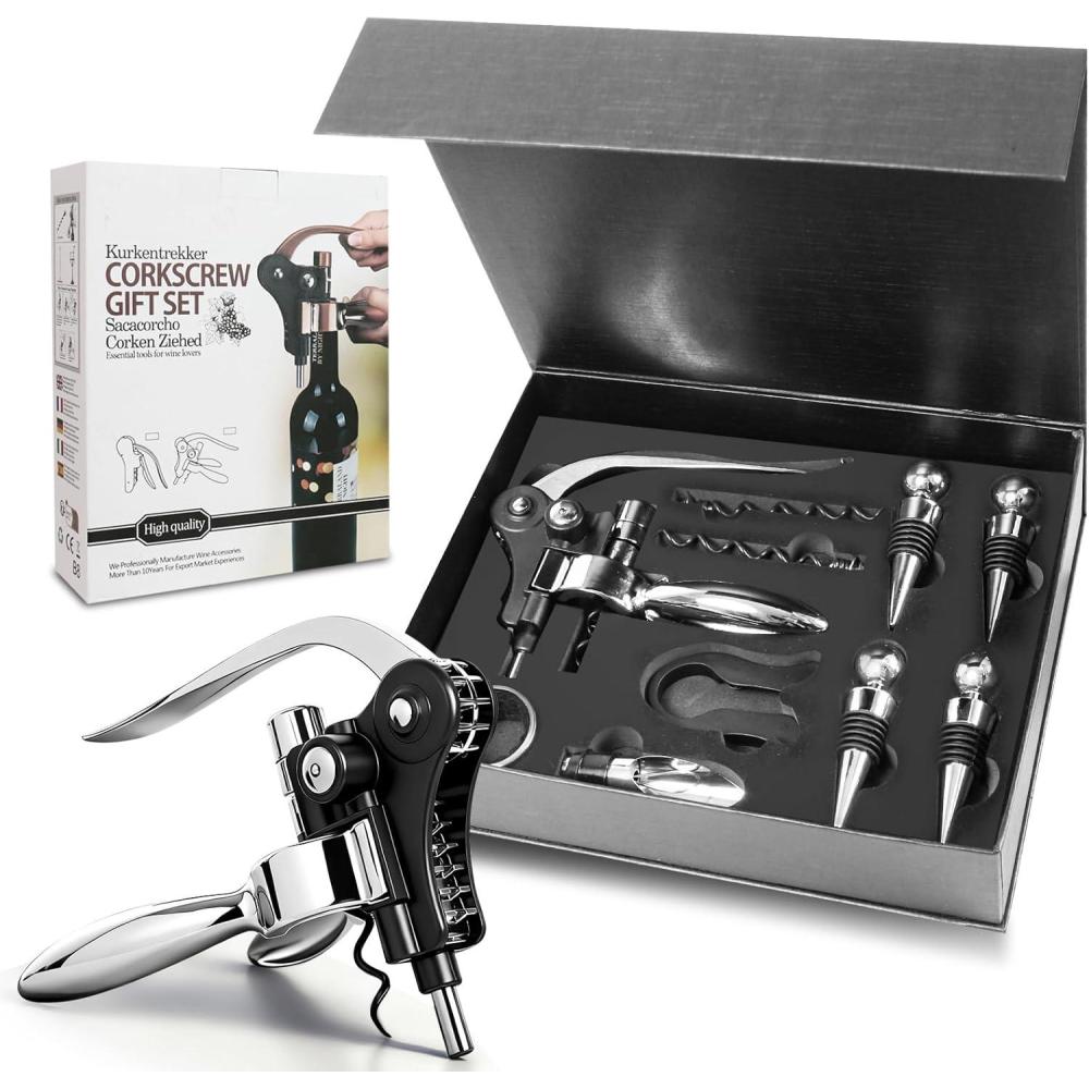 imageTire Bouchon 10 Pices Ouvre Bouteille de Vin Ensembles daccessoires pour Vin avec CoupeCapsuleOuvreLapinAnneaux AntiGoutteBouchonVerseur VinVis sans Fin pour Cadeaux et Amateurs de Vin