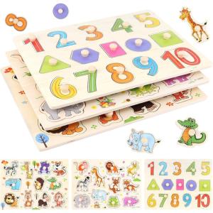 3 Puzzles en Bois à Bouton, Puzzles Jouet Éducatif Montessori, Puzzle Encastrement Animaux, Jouet Éducatif pour Apprentissage Précoce, Apprentissage Puzzle pour Garçons Filles
