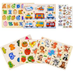 5 pcs Puzzles en Bois pour Enfants,Puzzles Jouet Éducatif Montessori,Puzzle en Bois Bébé,Alphabet Nombre Forme Véhicules Fruit Animal Jeuets Educatifs Apprentissage pour Bébés 1 2 3 Ans