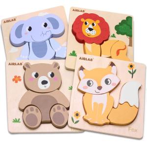 Airlab Jeux Puzzles Bois Bébé 1 2 3 4 Ans, Casse-têtes Animaux 3D avec Cadre et Sac de Rangement, Jouet Éducatif Éveil Montessori, Cadeau Anniversaire Pâques Halloween Noël pour Enfants Garçons Filles(Forêts)