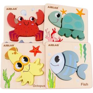 Airlab Jeux Puzzles Bois Bébé 1 2 3 4 Ans, Casse-têtes Animaux 3D avec Cadre et Sac de Rangement, Jouet Éducatif Éveil Montessori, Cadeau Anniversaire Pâques Halloween Noël pour Enfants Garçons Filles(Océan)