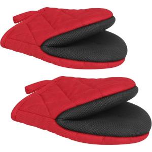 1 paire de gants de cuisine courts en silicone résistants à la chaleur jusqu&rsquo;à 500 degrés, avec surface antidérapante et boucle de suspension, gants de four pour barbecue, machine à micro-ondes(Rouge)