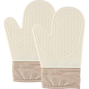 1 Paire de Gants de Cuisine, Surface Antidérapante en Silicone, Intérieur en Coton, Résistants à la Chaleur, Gant Four pour Barbecue, Cuisson (Blanc-2)(Blanc-1)