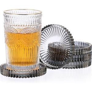 5pcs Dessous de Verres en Verre sous-Verres décor de Table pour Boissons, café, thé, Verre, diamètre de 8,5cm (Bleu)(Noir)