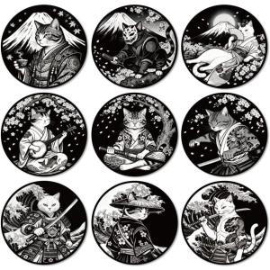 ANATTASOUL 9 Pièces Dessous de Verre Peinture, Chats Japonais sous Verres Peinture Coasters, sous-Verres en Bois Couleurs, Été Dessous de Verre Rond pour Maison, Bar, Bureau(Chat de Style Japonais)