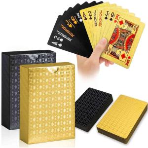 2 Jeux de Cartes en Plastique Imperméable, Cartes à Jouer Or et Noir, Carte a Jouer en Diamant pour Le Bridge, Blackjack, Tarot et Les Jeu de Carte